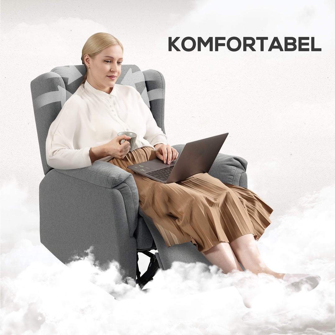 Lænestol, justerbar polstret lænestol med fodstøtte, 160° hvilefunktion, hørlook, hurtig samling, mørkegrå