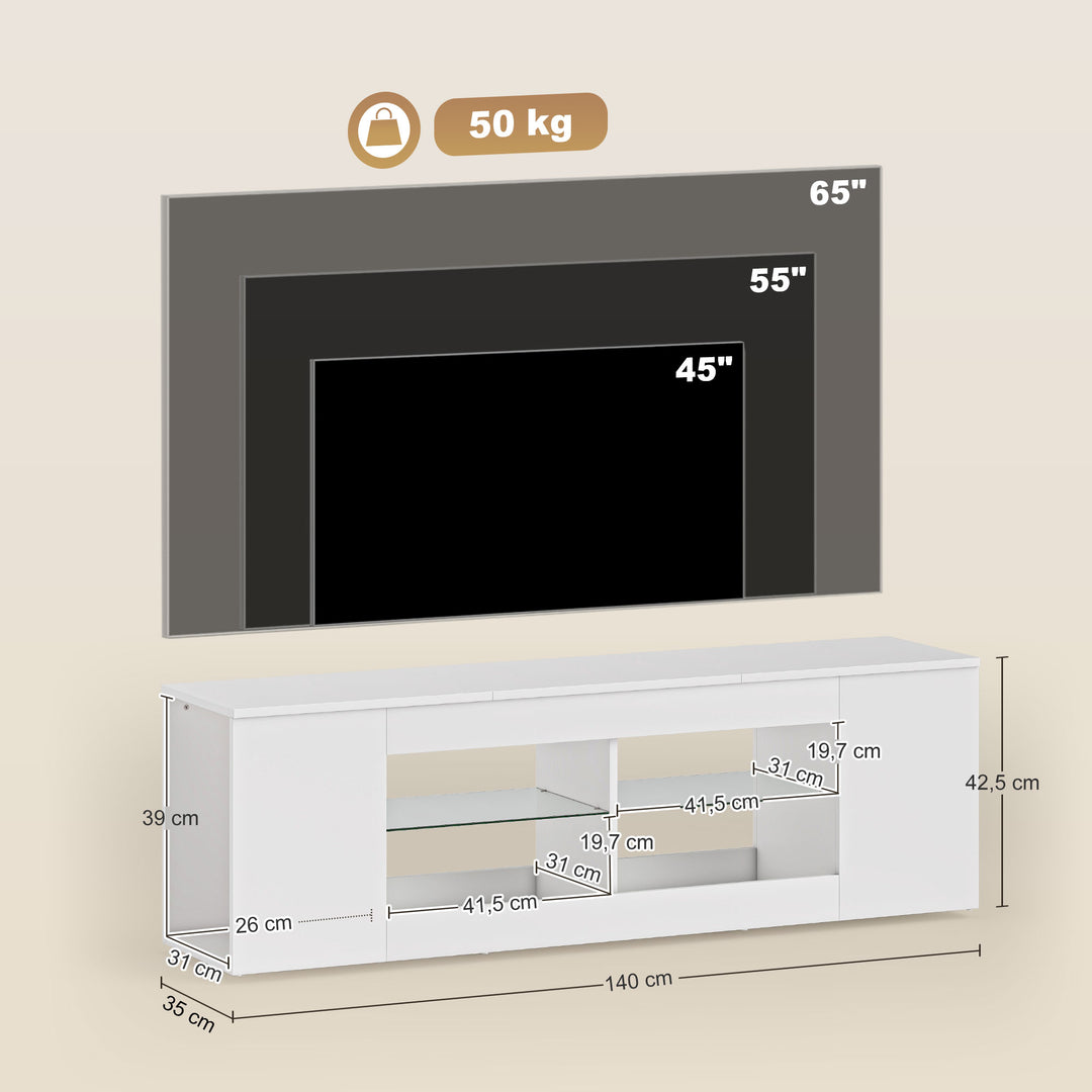 140 cm TV-bord, TV-skab, 6 rum, 2 glashylder, spånplade, hvid