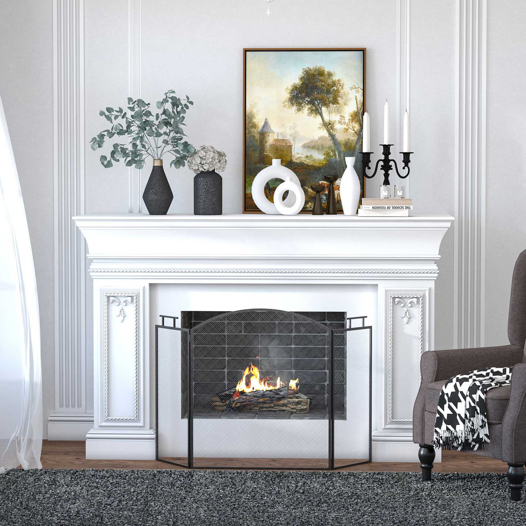 Sammenklappelig brandskærm, brandbeskyttelsesskærm til pejs, brandskjold, brandbeskyttelsesskærm til pejs, beskyttelsesskærm til komfur, metal, 110 x 24 x 76,5 cm, sort