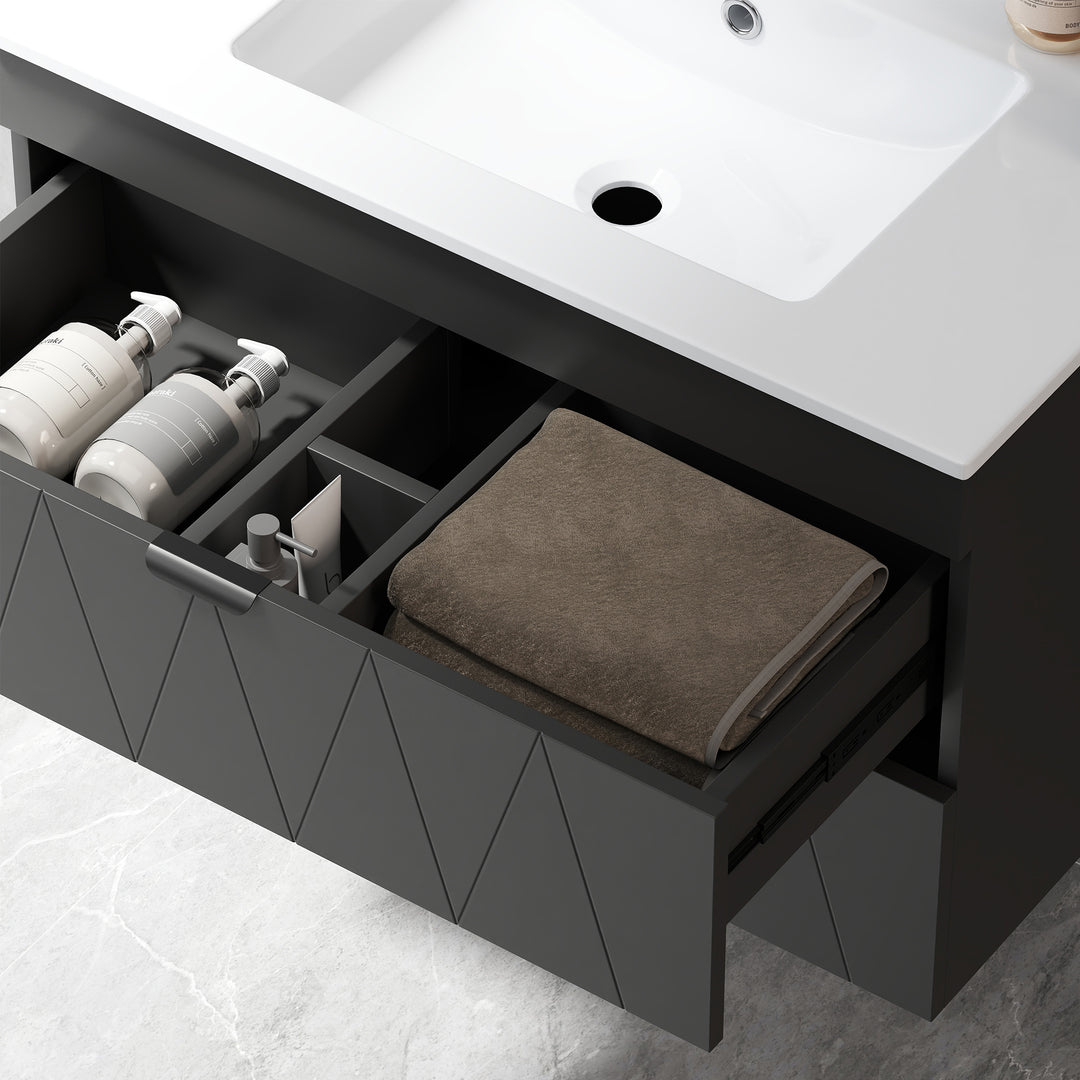 Underskab hængende vaskeskab med keramikvask soft-close skuffer sort