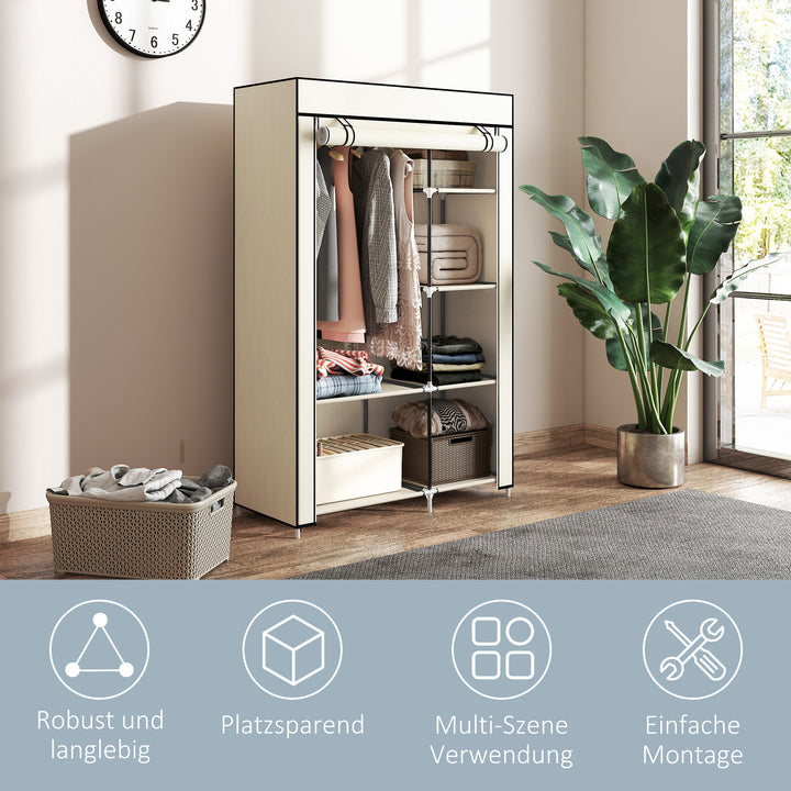 Stofgarderobe, opbevaringsløsning, 6 hylder, 1 bøjlestang, beige