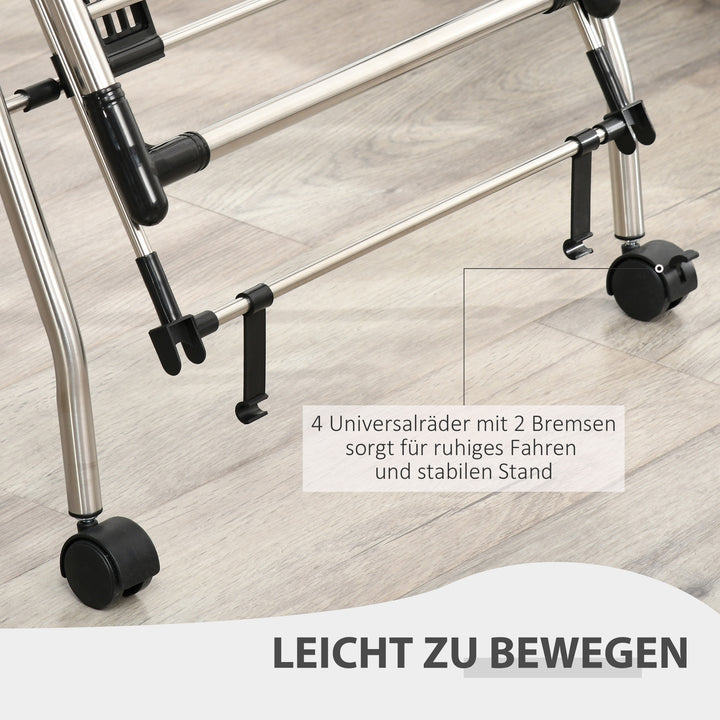 Tørretørrer 1,385 m tørrelængde bærbar stående tørretumbler med teleskopstænger, hjul og bremser tørretumblervinge til indendørs og udendørs brug, sølv + sort