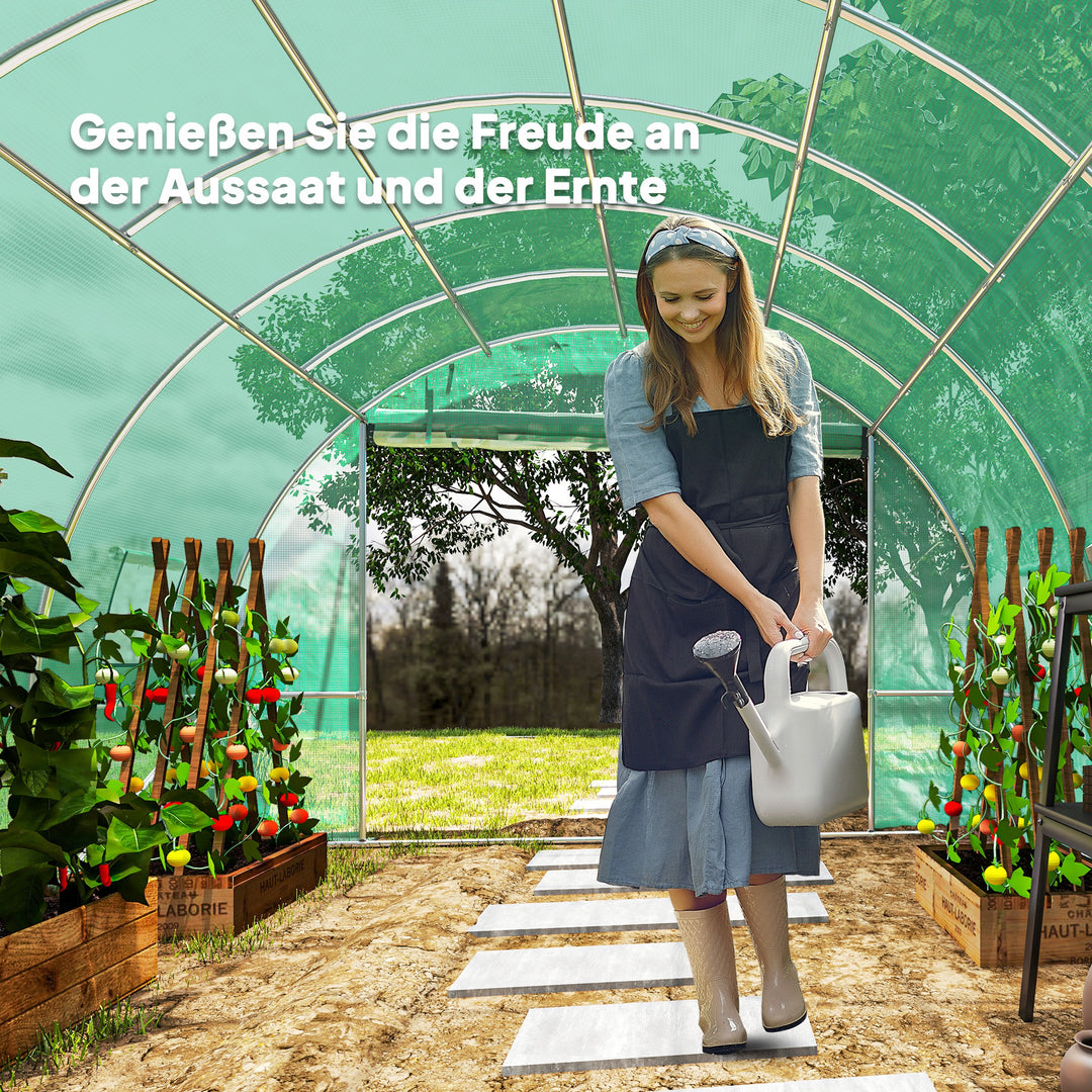 Polytunnel drivhus med plastikdæksel og stålramme, walk-in drivhustelt med rulledøre, grøn