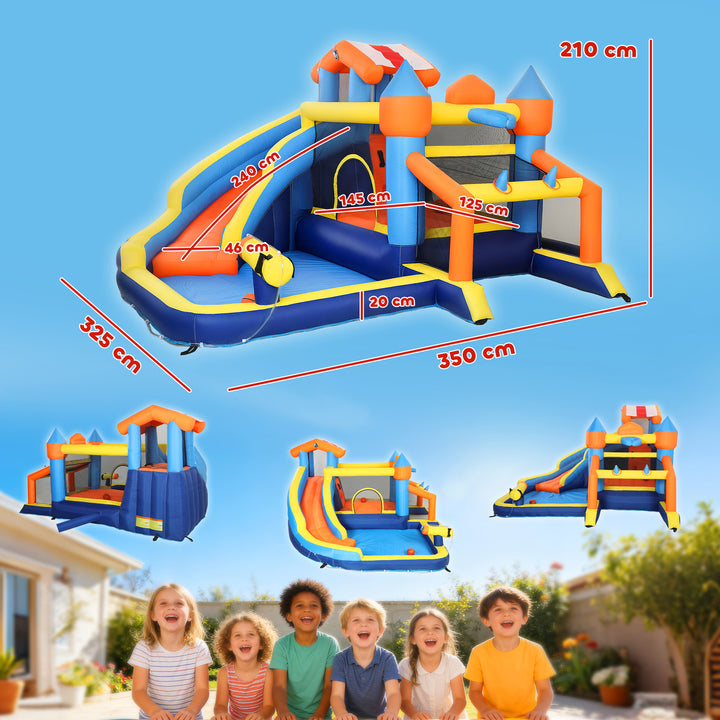 8-i-1 oppusteligt slot med blæser, rutsjebane, børnebassin, trampolin og klatrevæg til indendørs og udendørs brug, 350x325x210cm, flerfarvet