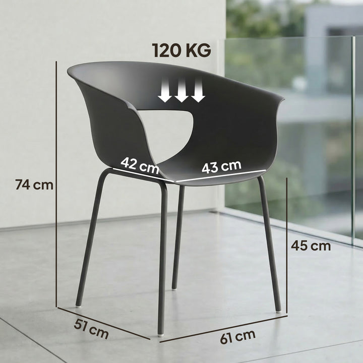 Sæt med 4 ergonomiske havestole, balkonstole med udskæringsdesign, armlæn, vejrbestandige, rustfri, mørkegrå