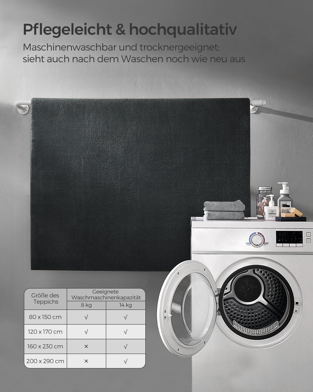Tæppe, 120 x 170 cm, skridsikkert tæppe, maskinvaskbart, moderne stil, koksgrå