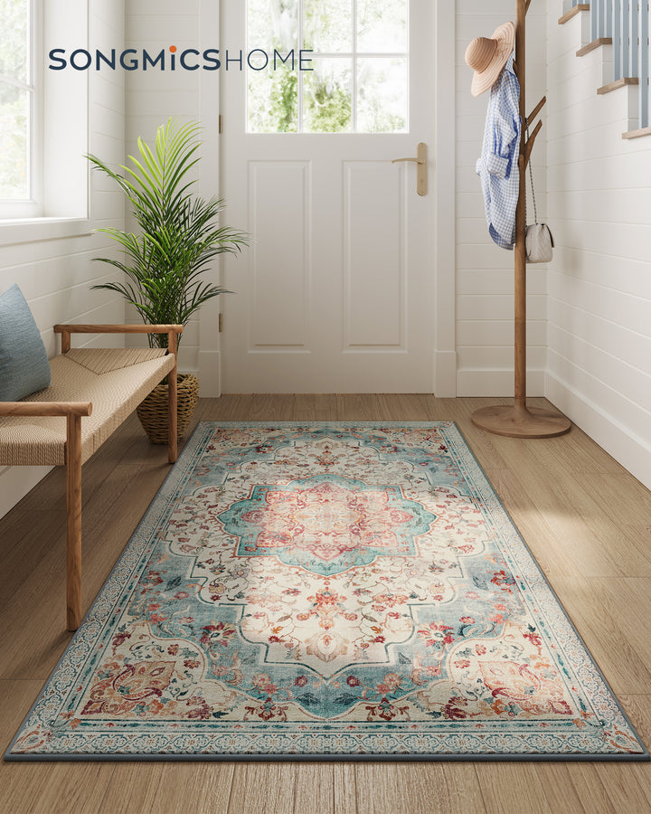 Tæppe, 92x153 cm tæppe til soveværelse, skridsikkert tæppe, traditionel vintage stil, maskinvaskbar, blå-grøn