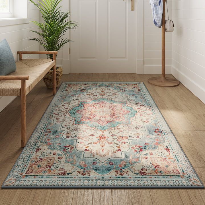 Tæppe, 92x153 cm tæppe til soveværelse, skridsikkert tæppe, traditionel vintage stil, maskinvaskbar, blå-grøn