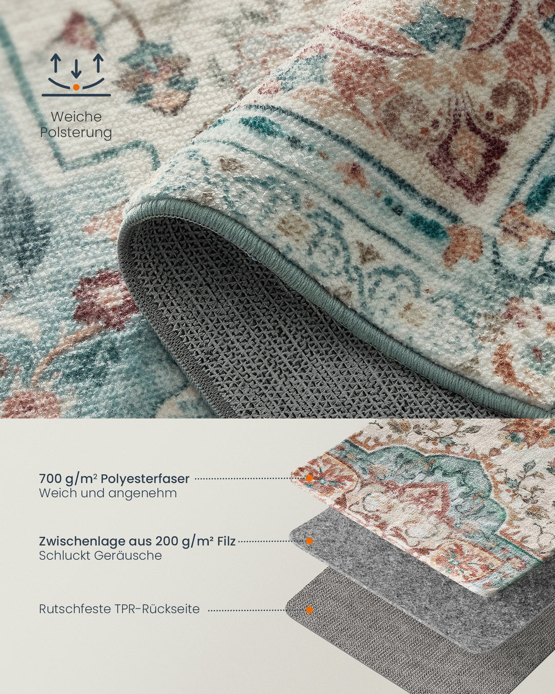 Tæppe, 92x153 cm tæppe til soveværelse, skridsikkert tæppe, traditionel vintage stil, maskinvaskbar, blå-grøn