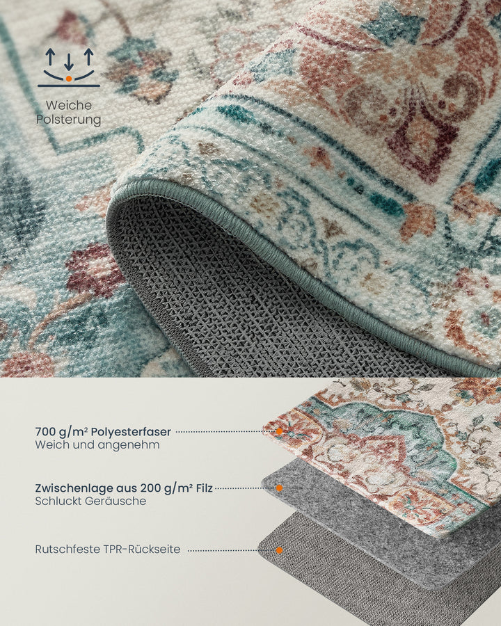 Tæppe, 92x153 cm tæppe til soveværelse, skridsikkert tæppe, traditionel vintage stil, maskinvaskbar, blå-grøn