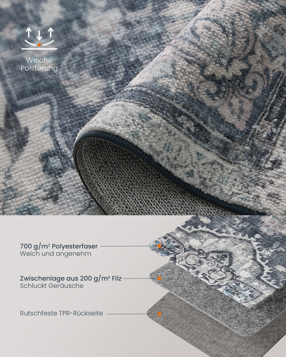 Gulvtæppe 80 x 150 cm, skridsikkert tæppe, traditionel vintage stil, duegrå