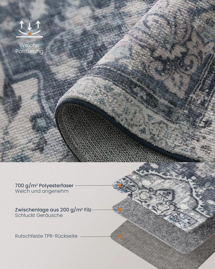 Gulvtæppe 80 x 150 cm, skridsikkert tæppe, traditionel vintage stil, duegrå