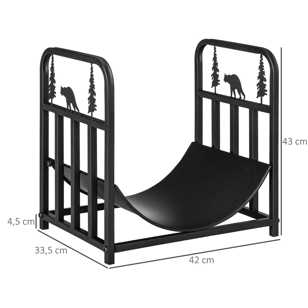 Brændehylde, træ- og bjørnescene, metalstruktur, hævet base, 42x33,5x43 cm, sort
