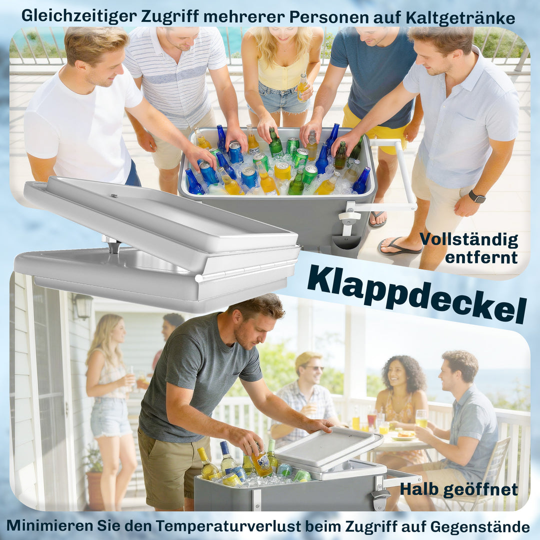 Kølevogn med 56 liters kapacitet, serveringsvogn med hjul, flaskeåbner, nederste hylde, håndtag, mobil drikkevogn, grå