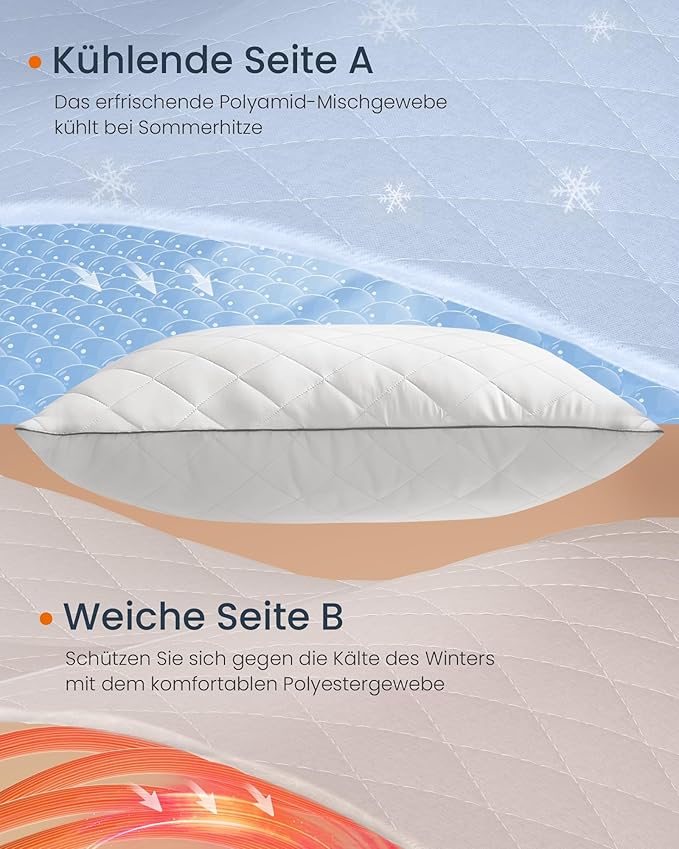 Vendbar pude, mål 80 x 40 cm, med kølende blødt betræk og 650g fyldning, egnet til brug både om vinteren og sommeren