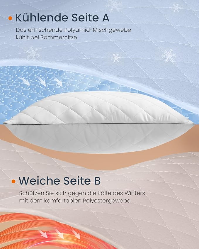 Vendbar pude, dimensioner 80 x 80 x 18 cm, med kølende blødt betræk og 1200g fyldning, velegnet til både sommer og vinterbrug