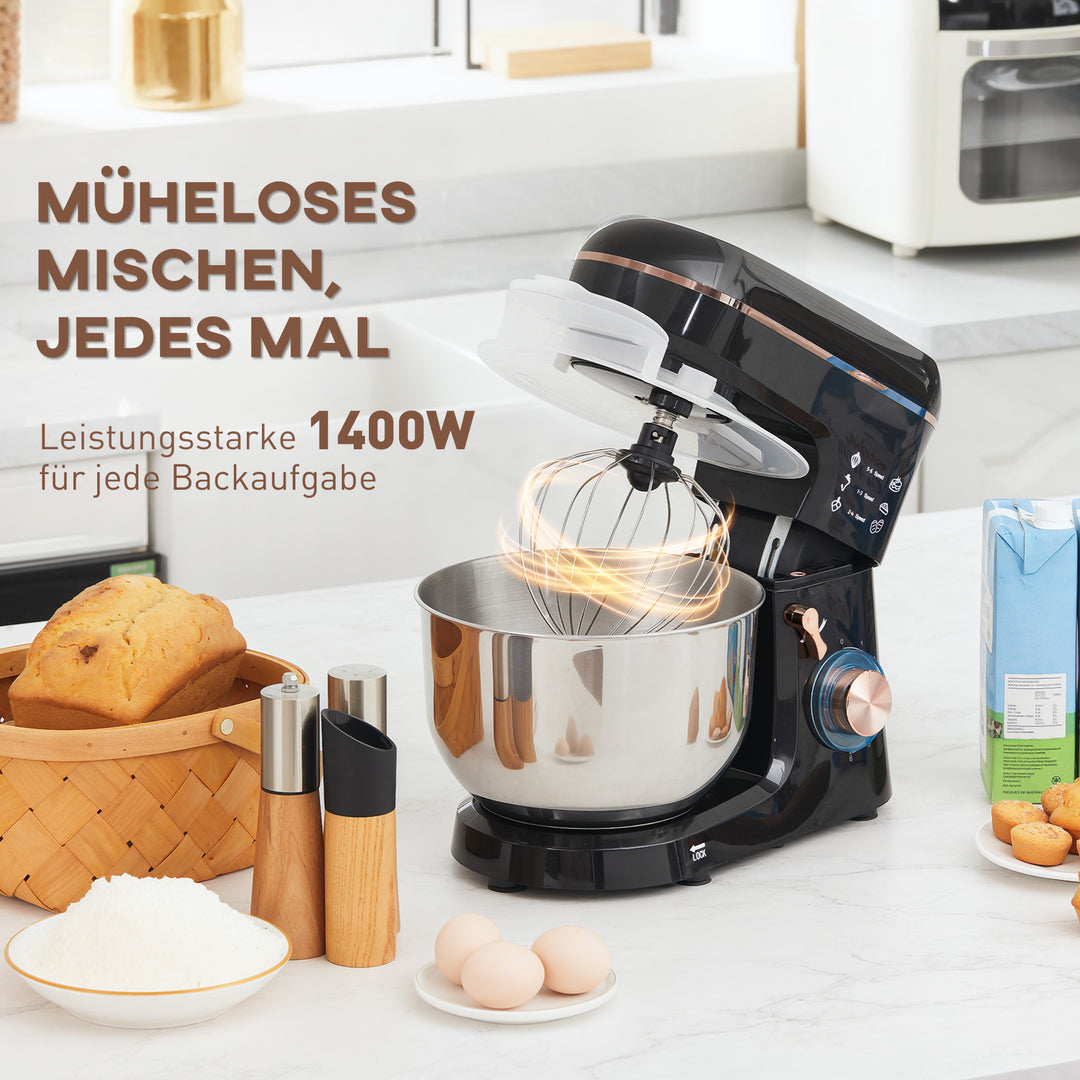 Standmixer, foodprocessor, omrører, 6 hastigheder, 5,5 l skål i rustfrit stål, sort