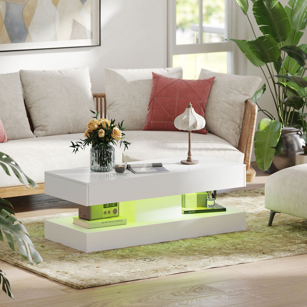 Stuebord med skuffer og led-lys, moderne sofabord med åben hylde, sofabord, spånplade, hvid