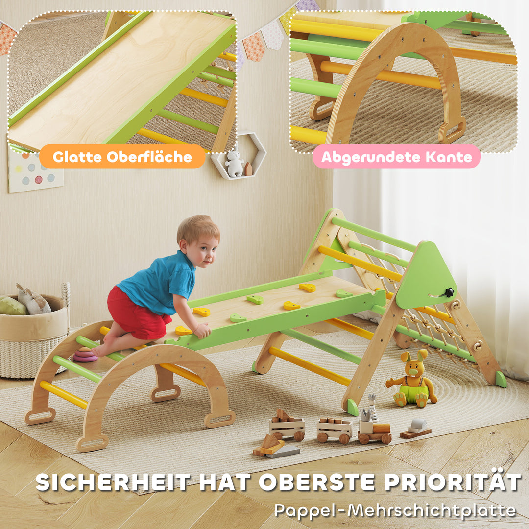 8-i-1 Montessori indendørs klatrestativ, træklatretrekant med klatrebue, dobbeltsidet rutsjebane, grøn