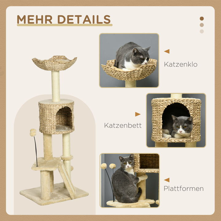 Kradsetræ med kattehule, liggeplatform, legebold, 45x40x116 cm, brun/beige