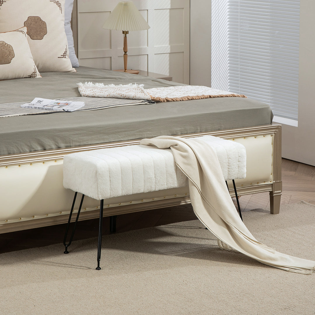 Bænk, quiltet sæde, betræk af kunstpels, metalben, op til 120 kg, 82 x 30 x 47 cm, cremehvid/sort