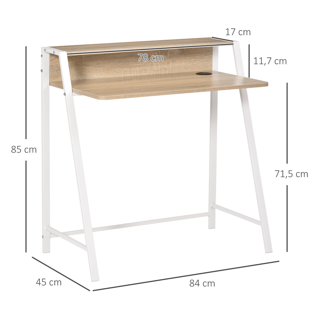 Skrivebord, computerbord med opbevaring og kabelhåndtering, moderne skrivebord med metalramme til studie, soveværelse, hjemmekontor, 84 x 45 x 85 cm, hvid + eg