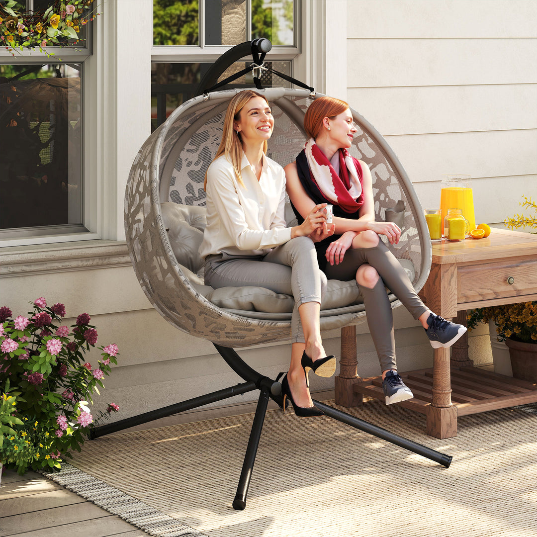Hængestol til 2 personer, foldbar siddekurv, stor siddehynde, sand, 130 x 103 x 172 cm