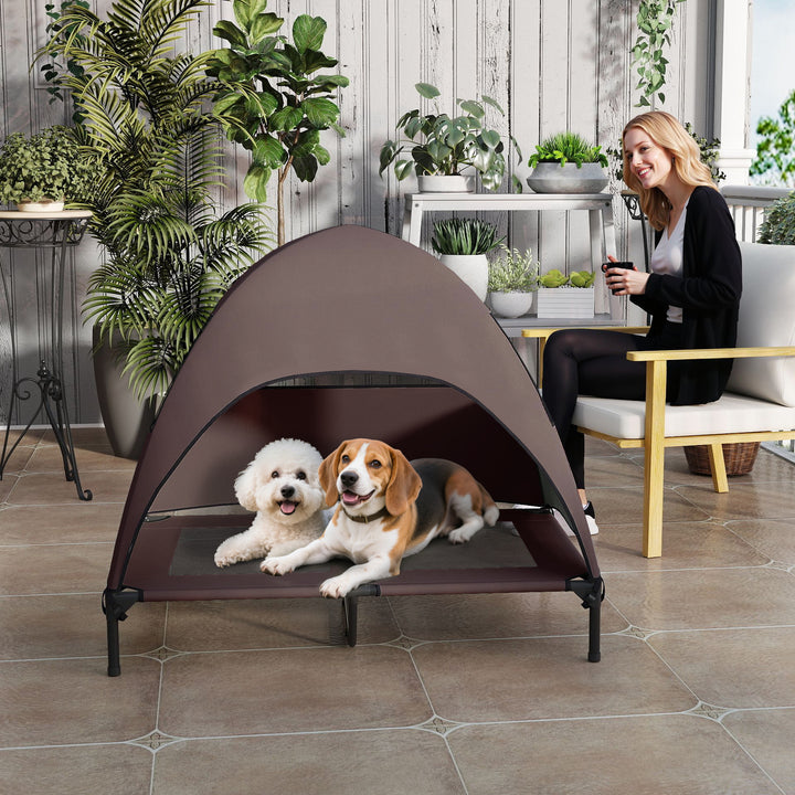 Udendørs hundeseng med tag, hævet hundeseng til store hunde, 106 x 76 x 99 cm, kaffe