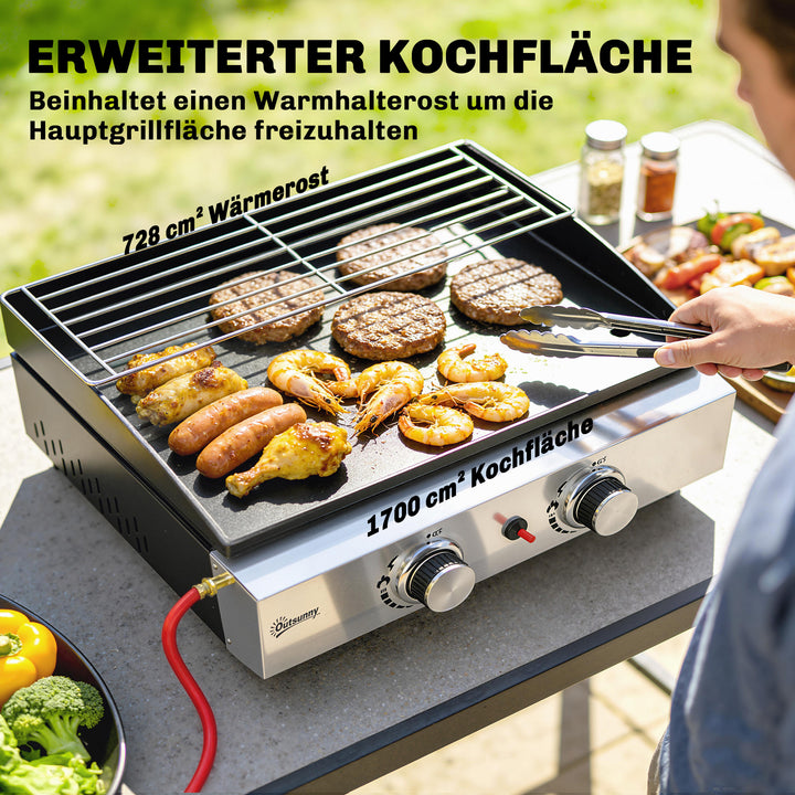 5 kW gasgrill, bærbar bordgrill med 2 brændere, keramisk belægning, grillrist, varmeplade