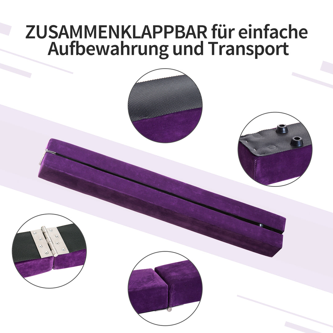 Sammenklappelig balancebom, skridsikker, ruskindsbetræk, holdbart træ, 210 x 10 x 6,5 cm, lilla