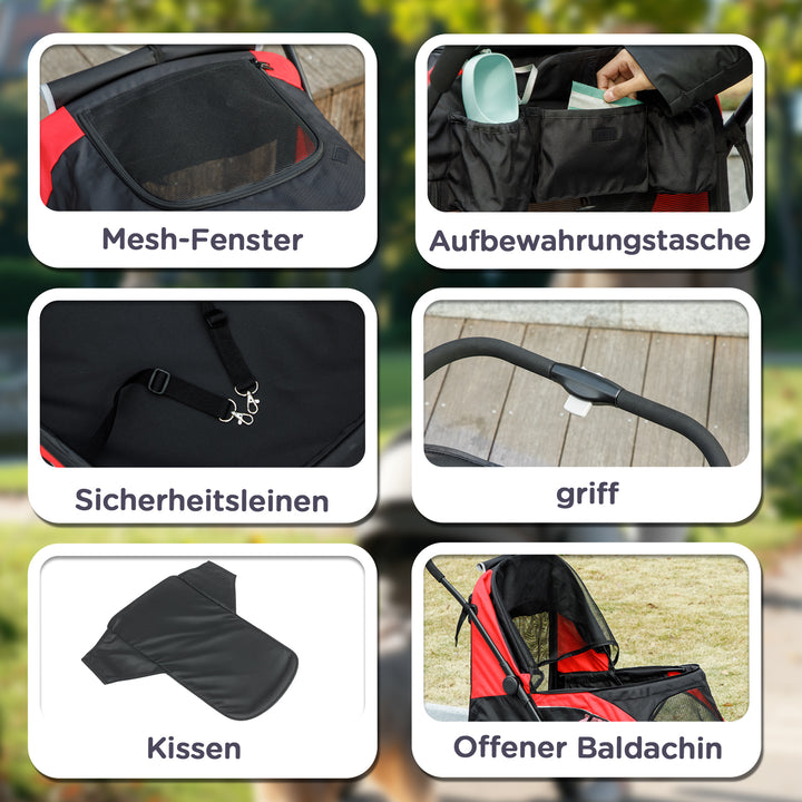 Hundeklapvogn, sammenklappelig hundeklapvogn til store hunde, kæledyrsklapvogn med 4 hjul, sikkerhedsline, bremser, sort