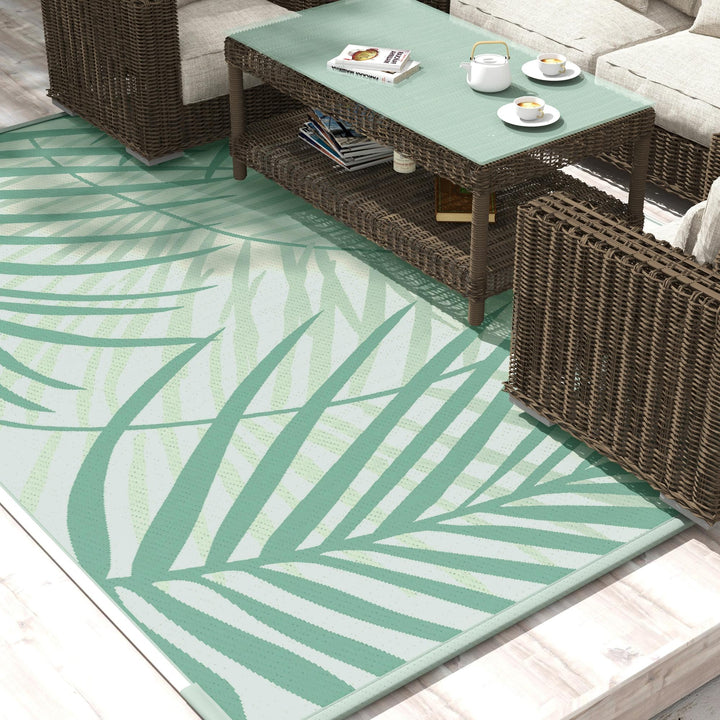 Udendørstæppe, terrassetæppe, vejrbestandigt, moderne design, 365 cm x 274 cm x 0,3 cm, grøn + creme
