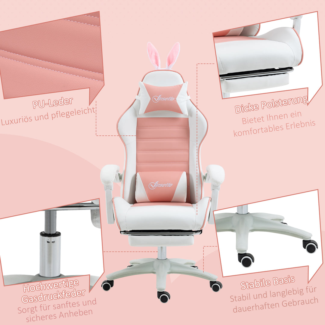Gaming chair ergonomisk gamerstol med lændestøtte, fodstøtte, pude med kaninører, pink