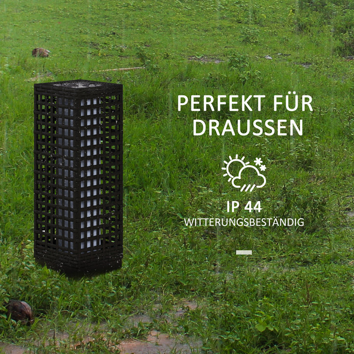Udendørslampe med solpanel, automatisk tænding, 8 timers driftstid, rottinglook, stål, 15,5 x 15,5 x 46 cm, sort