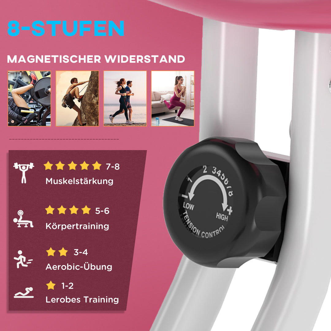 Motionscykel sammenklappelig magnetisk hjemmetræner med lcd-skærm, 8 niveauer justerbar magnetisk modstand, pladsbesparende fitnesscykler til hjemmet pink+hvid