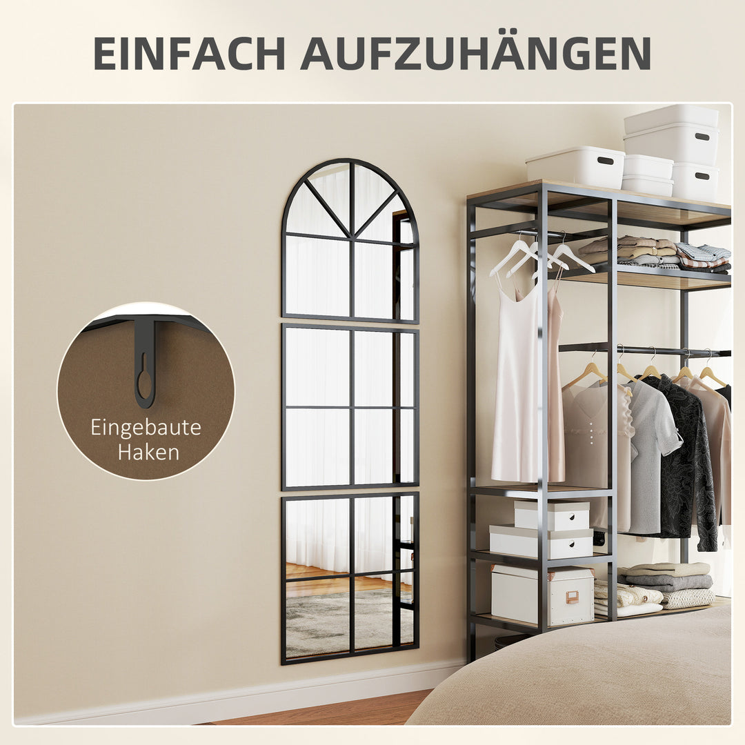 Vægspejl med tredelt buet spejl og metalramme, dekorativt 60 x 2 x 180 cm sort