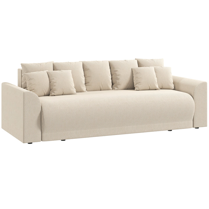 Sovesofa 190x150cm 3-personers sofa med sovefunktion, hynder, opbevaringsplads, corduroy-look til stuen, beige