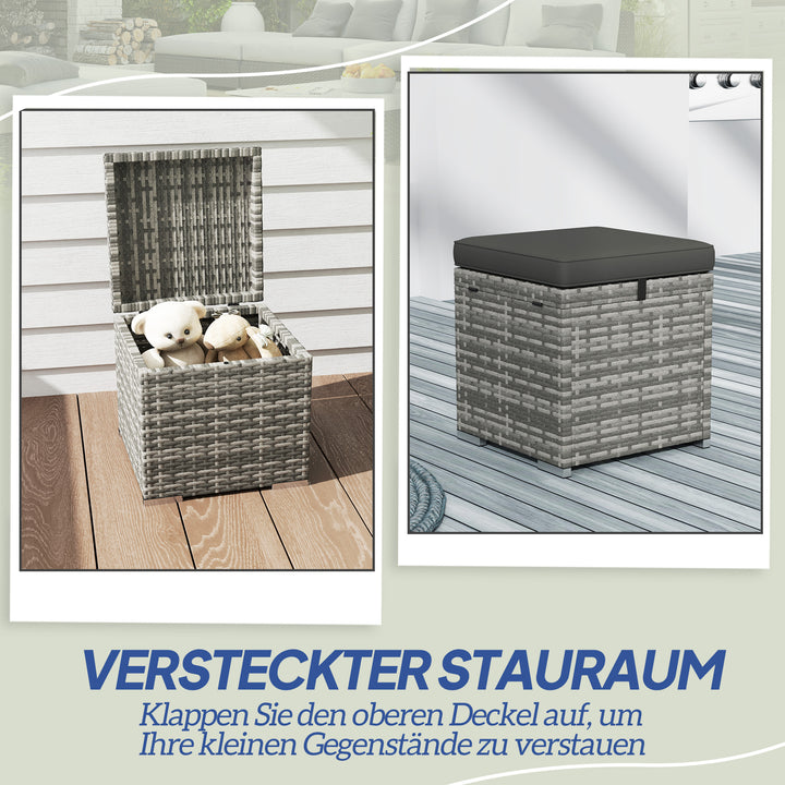 Sæt med 2 rattanstole, opbevaringspuffer med rattan-look, hynder og låg, 120 kg vægtkapacitet, 40x40x41 cm, mørkegrå