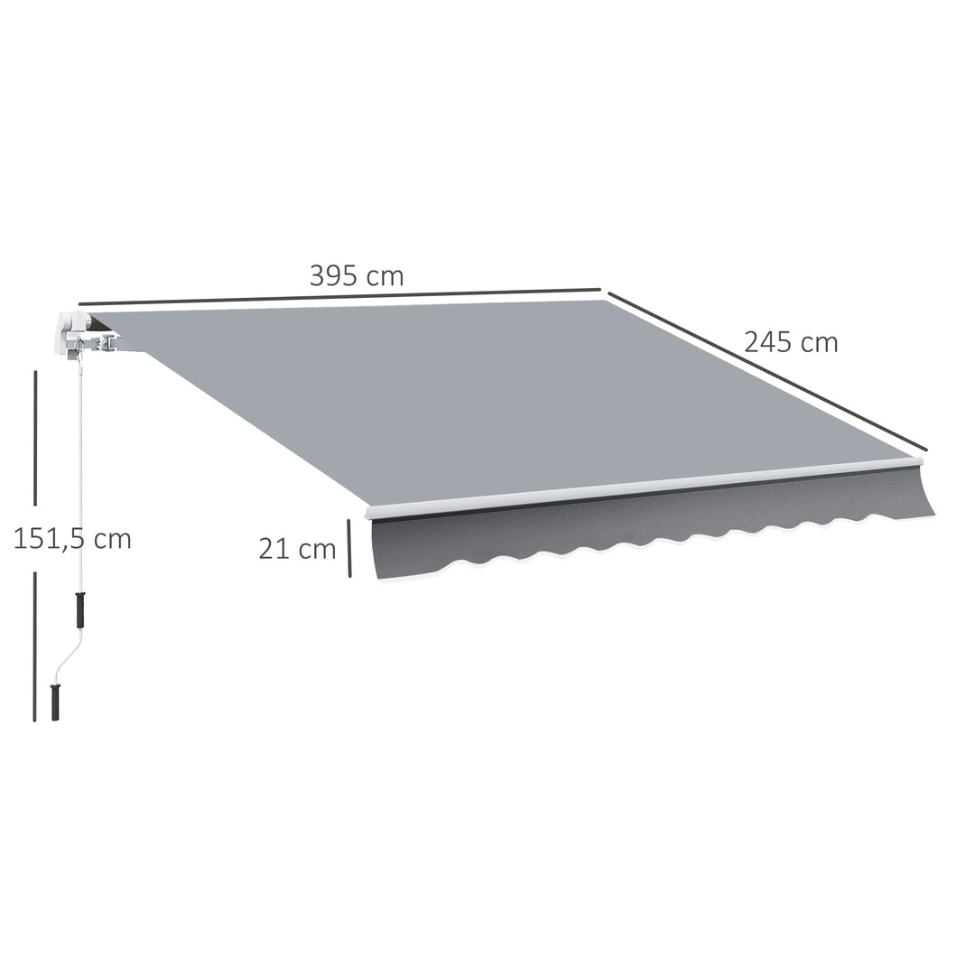 Markise, 3,95 x 2,45 m, solsejl, udtrækkeligt, med håndsving, metalramme, polyester, grå/hvid