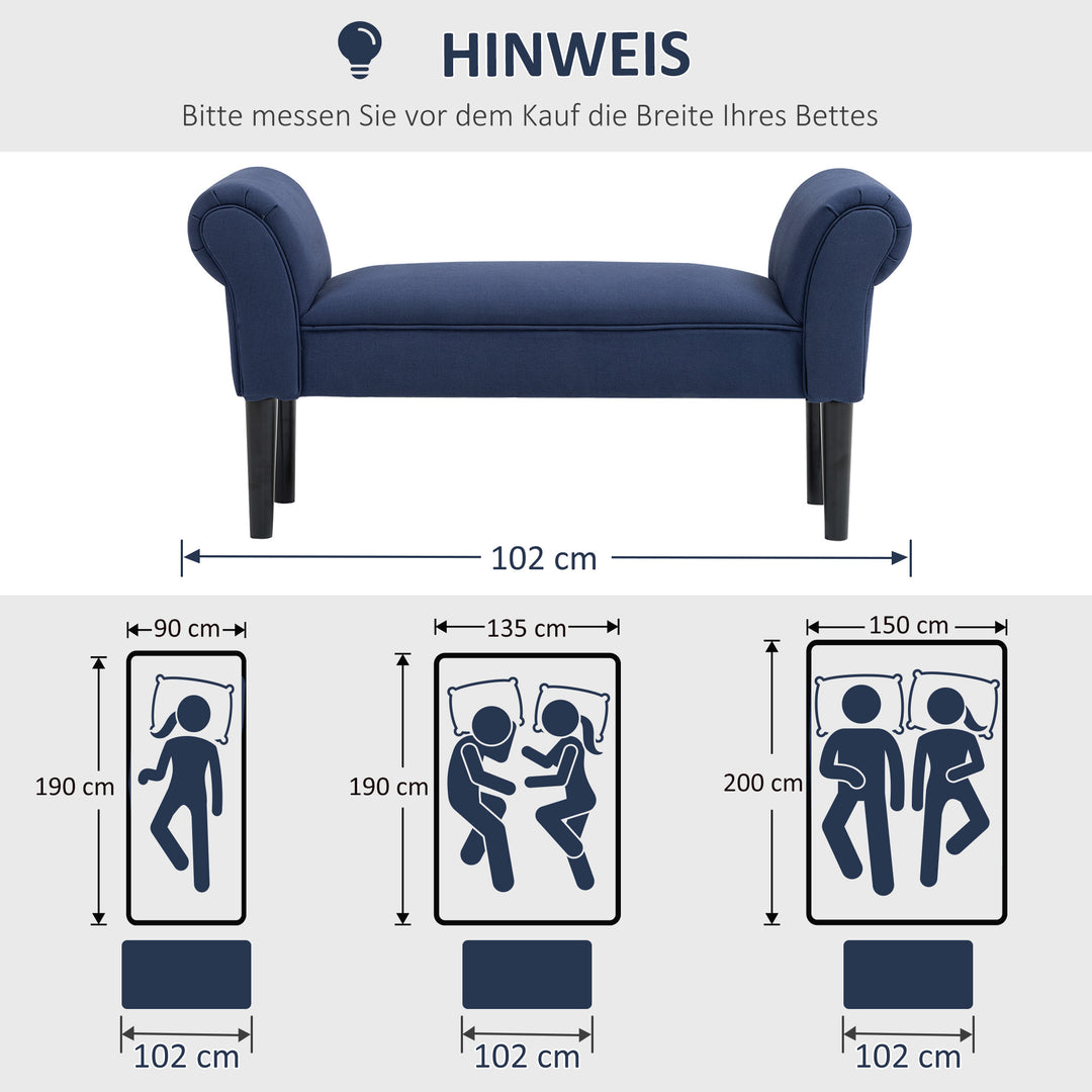 Polstret bænk til soveværelse og entré, bæreevne op til 130 kg, 102 x 36 x 51 cm, blå