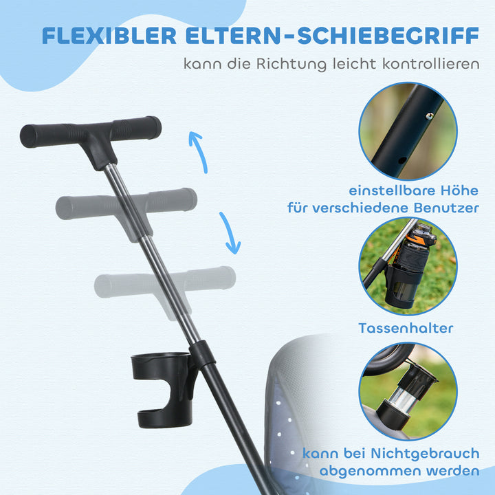 6-I-1 børnetrecykel med skubbehåndtag, kaleche, sele, opbevaringskurv, til 1-5 år, mørkeblå