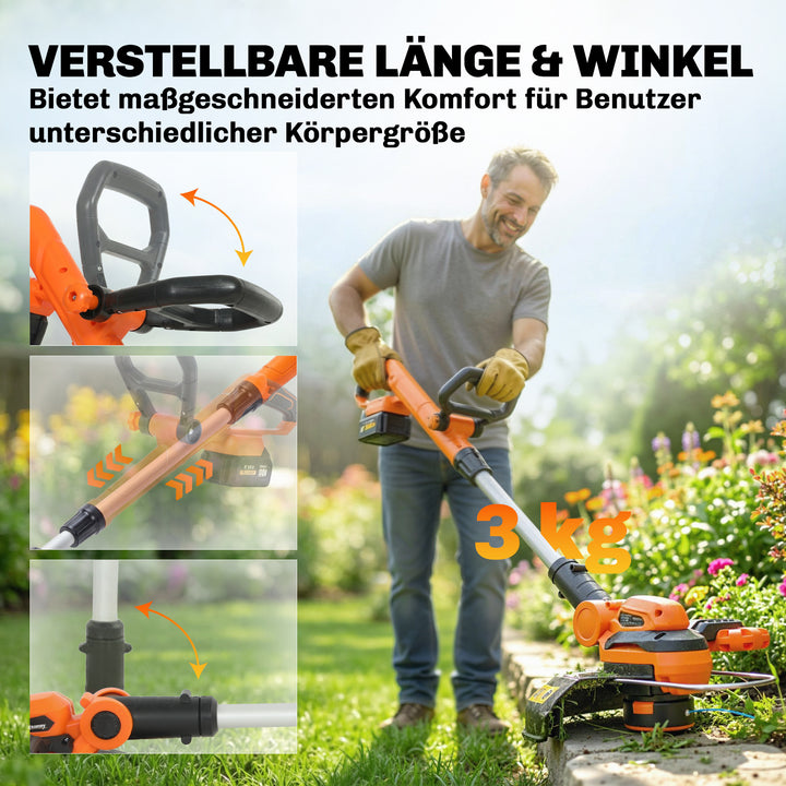 21V batteridrevet græstrimmer/buskrydder med 2 x 4,0 Ah batterier, oplader, 25 cm klippebredde, justerbart teleskophåndtag