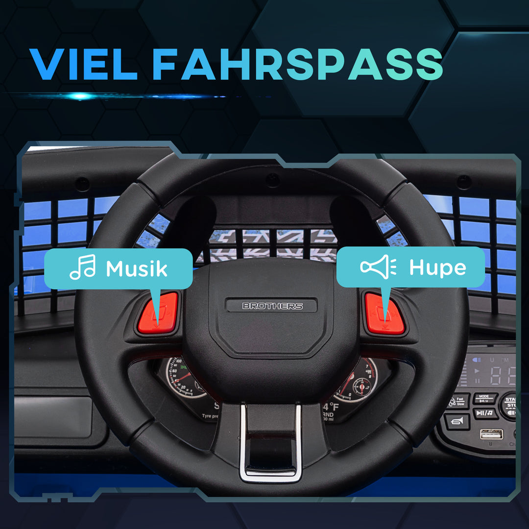 Elbil til børn med blød affjedring, fjernbetjening, led-lyster, horn, 12v motorer, plastik og metal, blå