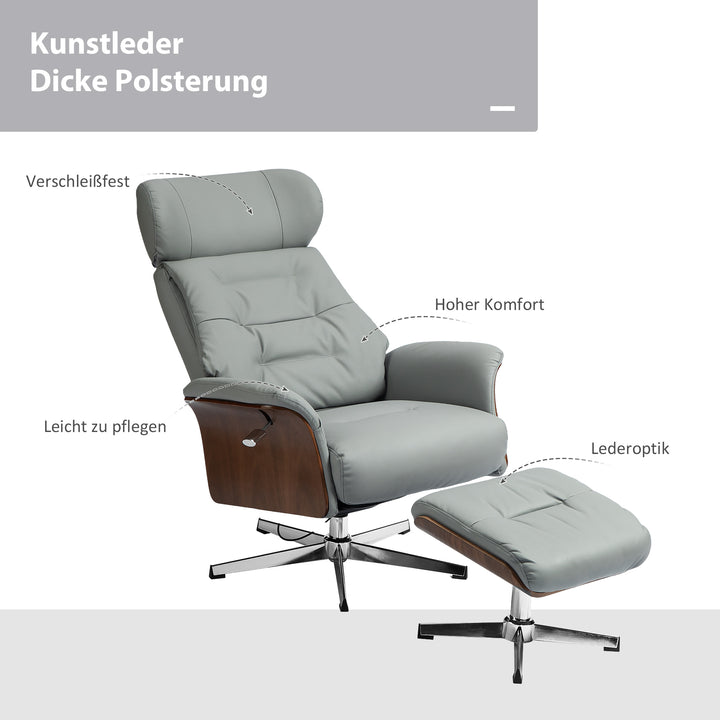 Lænestol med fodskammel, lænefunktion, drejefunktion, læderlook, op til 150 kg, lysegrå