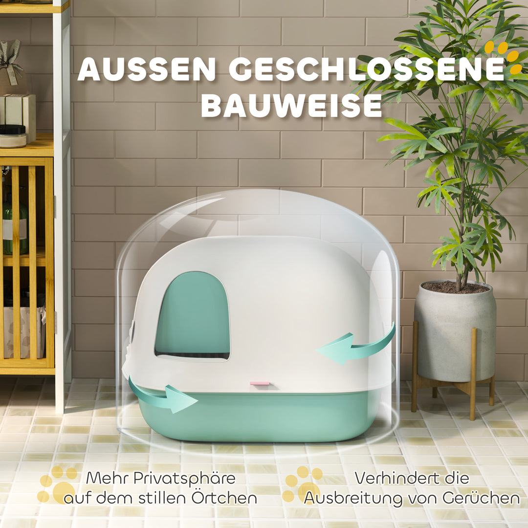 Kattebakke med låg, kattebakke med indvendig kanal, dør, skovl, nem at rengøre, plastik, grøn