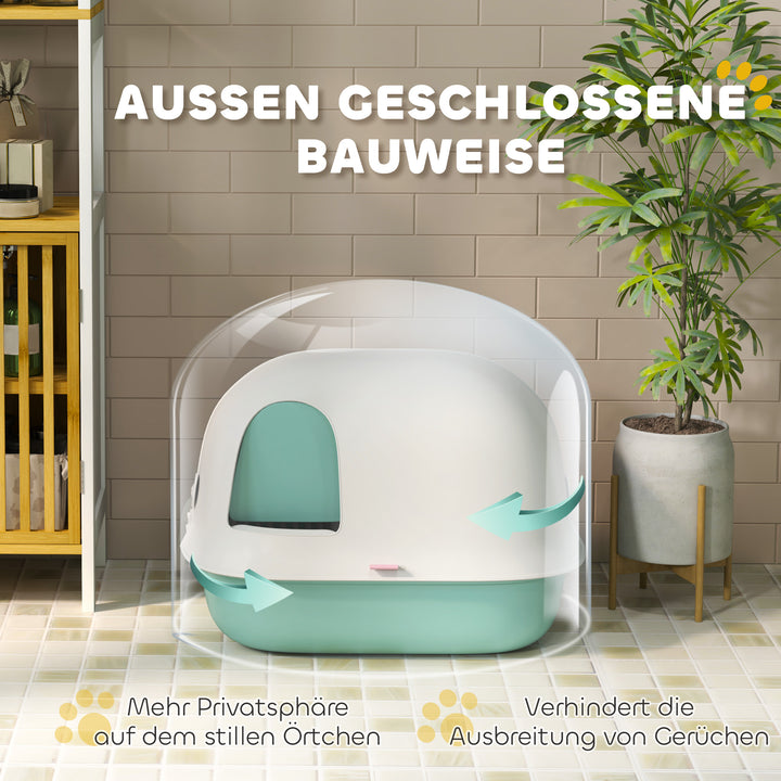 Kattebakke med låg, kattebakke med indvendig kanal, dør, skovl, nem at rengøre, plastik, grøn