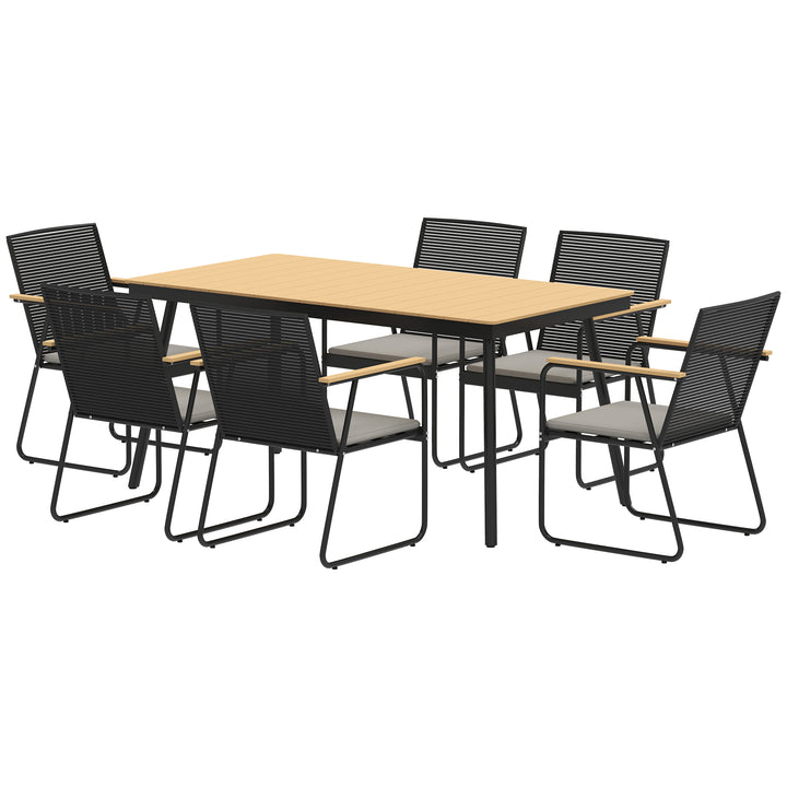 7-delt metal spisebordssæt til 6 personer, spisebord med 6 stole, spisebordssæt, naturtræ + sort