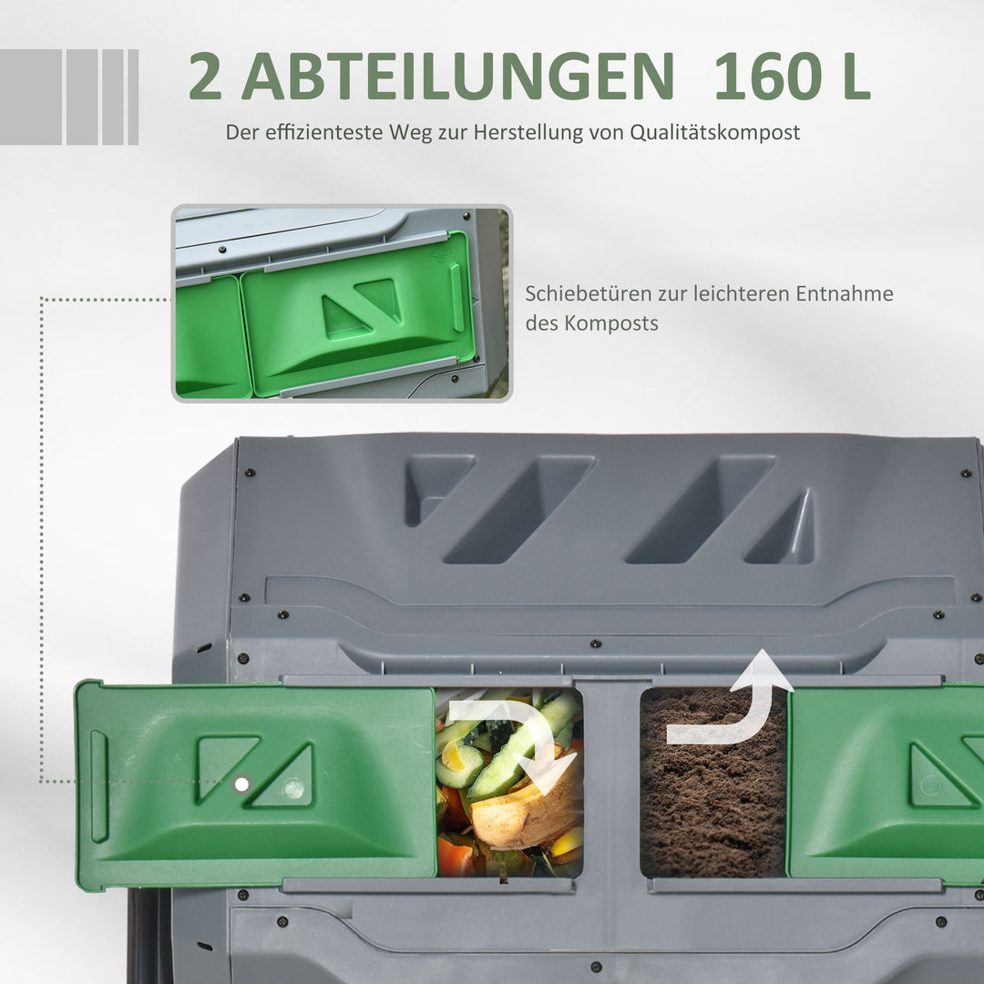 Kompostbeholder med 2 beholdere, 160 l kapacitet, roterbar, 71 cm x 65 cm x 96 cm, grå + grøn + sort