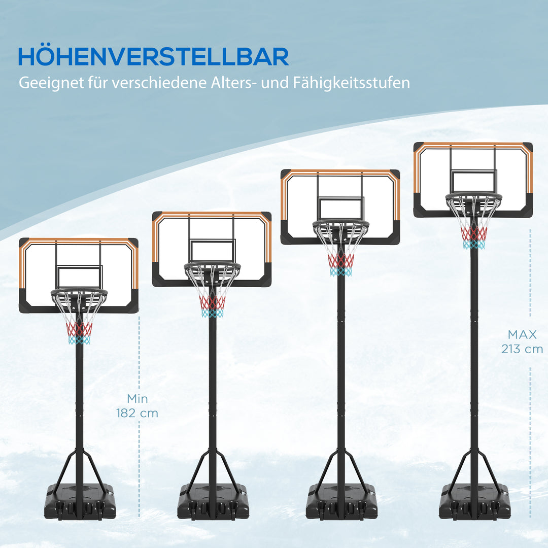 Basketballstativ, højdejusterbar, kurvhøjde 182-213 cm, vejrbestandig, med hjul, metalramme