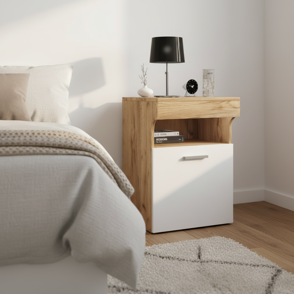 Natbord med svingdør og åbent rum, 61x45x39 cm, naturfarvet og hvid